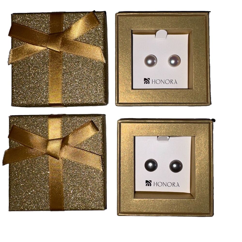 Honora 2 Pair White Gray Cultured Pearl Post Pierced Earrings Silver Happy Back